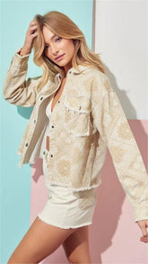 Khaki Geo Print Denim Jacket