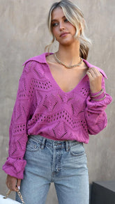 Purple Crochet Knit Pullover Top