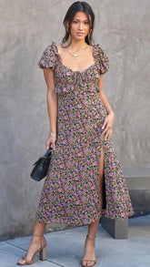 Black Floral Short Sleeves Midi Dress