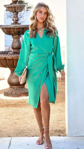 Green Waist Tie Midi Dress