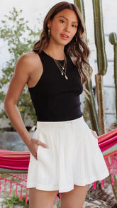 White Pleated Waist Shorts