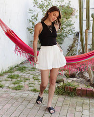 White Pleated Waist Shorts
