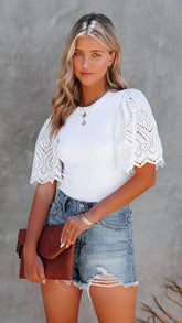 White Crochet Lace Sleeves Tee