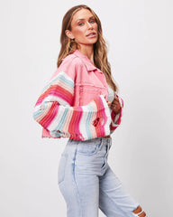 Pink Knit Paneled Denim Jacket