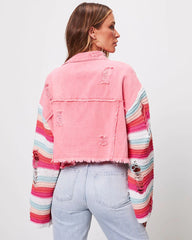 Pink Knit Paneled Denim Jacket