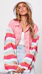 Pink Knit Paneled Denim Jacket