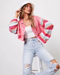 Pink Knit Paneled Denim Jacket