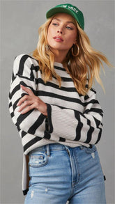 White Striped Print Knit Sweater