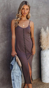 Brown Buttoned Knit Midi Dress