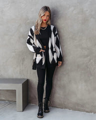 Black White Argyle Print Cardigan