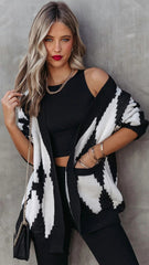 Black White Argyle Print Cardigan