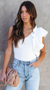 White One Shoulder Ruffle Top