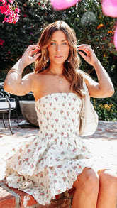 Beige Floral Off Shoulder Mini Dress