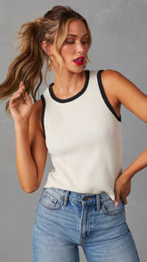 White Contrast Edge Knit Tank Top
