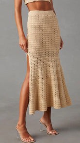 Light Khaki Crochet Knit Midi Skirt