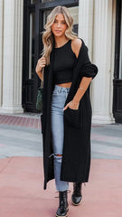 Black Ribbed Knit Long Cardigan