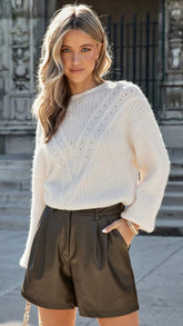 Cream Ribbed Knit Sweater