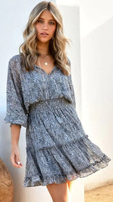 Slate Paisley Print Mini Dress