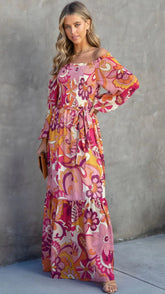 Fuschia Floral Long Sleeves Maxi Dress