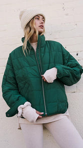 Green Solid Quilted Puffer Jacket
