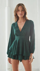 Green Long Sleeves Layered Rompers
