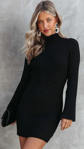 Black Long Sleeves Knit Mini Dress