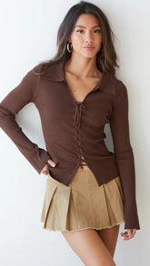 Brown Knit Lace Up Top