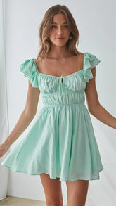 Green Pleated Front Tie Mini Dress