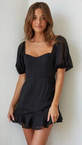 Black Puff Sleeves Mini Dress