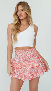 Pink Floral Ruffle Mini Skort