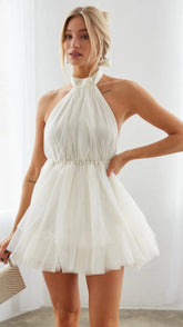 White Sleeveless Halter Mesh Mini Dress