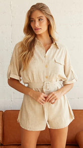 Beige Belted Solid Rompers