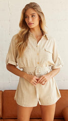 Beige Belted Solid Rompers