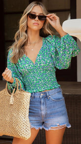 Green Floral Crop Top