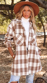 Mocha Tartan Print Fringe Shacket