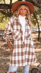 Mocha Tartan Print Fringe Shacket