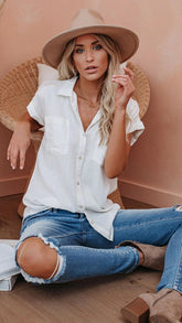 Beige Short Sleeves Button Down Shirt
