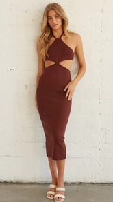 Burgundy Knit Cutout Midi Dress