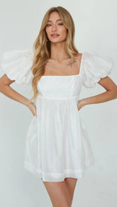 White Square Neckline Solid Mini Dress
