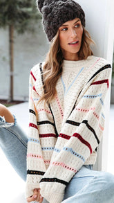 Striped Eyelet Knit Sweater