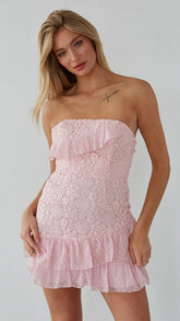 Pink Crochet Lace Strapless Mini Dress