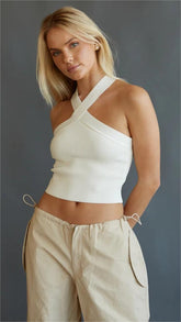 White Crossover Neck Knit Crop Top