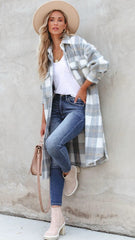 Grey Plaid Print Long Coat