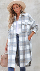 Grey Plaid Print Long Coat