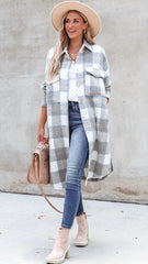 Grey Plaid Print Long Coat