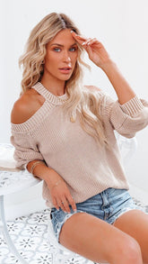 Beige Cold Shoulder Ribbed Knit Sweater