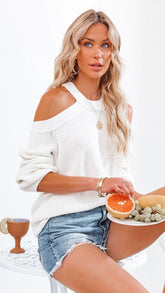 White Ribbed Knit Cold Shoulder Sweater