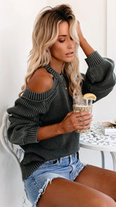 Black Cold Shoulder Ribbed Knit Sweater