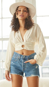 Beige Long Sleeves Crop Top