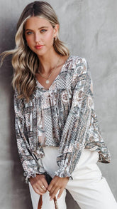 Grey Abstract Print Blouse
